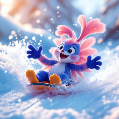 The primary subject of the image is a cartoon character, specifically a blue and pink bunny, sitting on a snowboard and enjoying the snow. The setting is a snowy environment, with the character being the main focus of the scene. The visual style is a digital art or illustration, with the character being drawn or animated. The colors and mood of the image are predominantly blue and pink, giving the scene a fun and playful atmosphere.